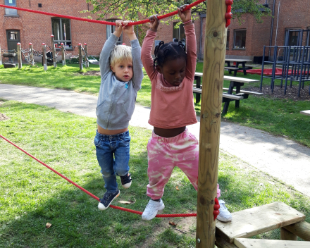 Spelen op het nieuwe apen parcours.