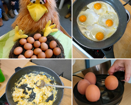 Thema kippen en eitjes. Samen eitjes waarnemen, bakken en natuurlijk ook proeven in de klas